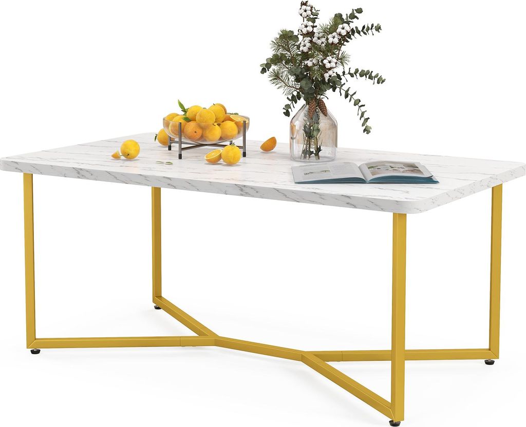 Couchtisch aus weißem Marmor, rechteckig, mit goldenem Metallrahmen und verstellbaren Pads, moderner Aufbewahrungstisch für Wohnzimmer, Büro, Weiß