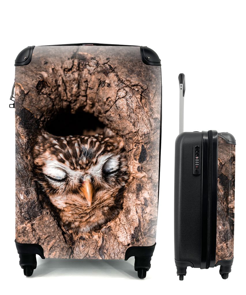 MuchoWow Koffer Handgepäck Trolley Rollkoffer Kleine Reisekoffer mit 4 Rollen - Eule - Schlaf - Baum - Cabin Size < 55x40x23 cm & 55x40x20 cm - ...