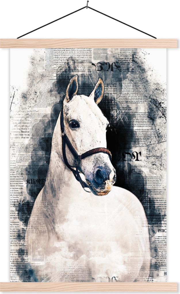 MuchoWow Textilposter Pferd - Weiß - Zeitung - Mädchen - Kinder - Mädchen 60x90 cm mit holzfarbenen Rahmen - Textil