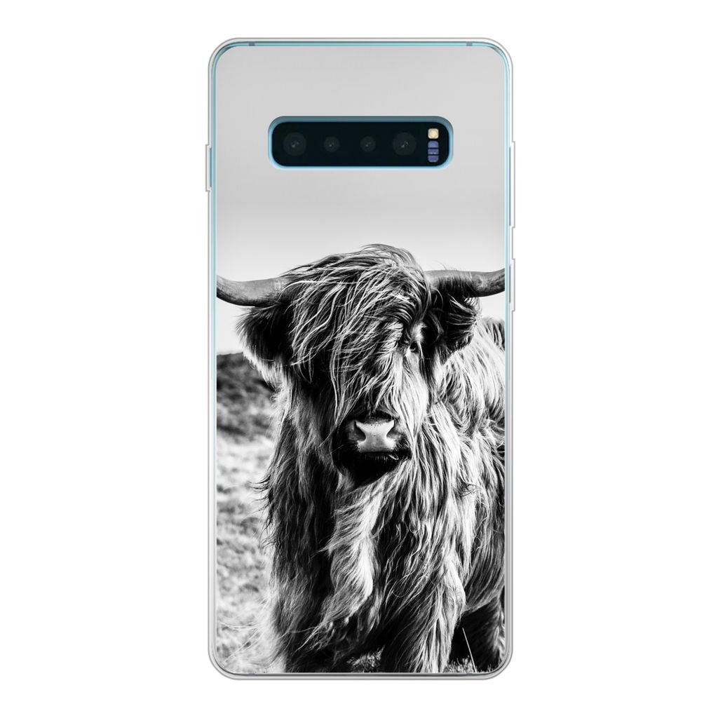 MuchoWow Handyhülle Schutzhülle Hülle für Samsung Galaxy S10 Lite Kuh - Schottischer Hochländer - Schwarz - Weiß - Tier - Natur - Wildtiere...