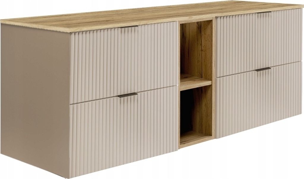 A modern beige and wood bathroom vanity cabinet with two drawers on each side and an open shelving unit in the middle.