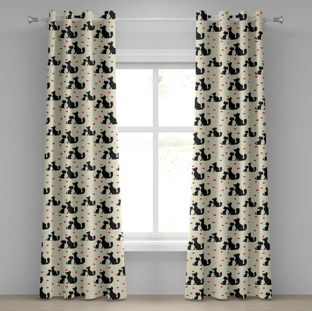 ABAKUHAUS Rot und Schwarz Ösenvorhang, Schwarzer Hund und Katze Silhouetten mit roten Herzen Haustiere Pet Love, Dekorative 2-Panel-Fenstervorhän...