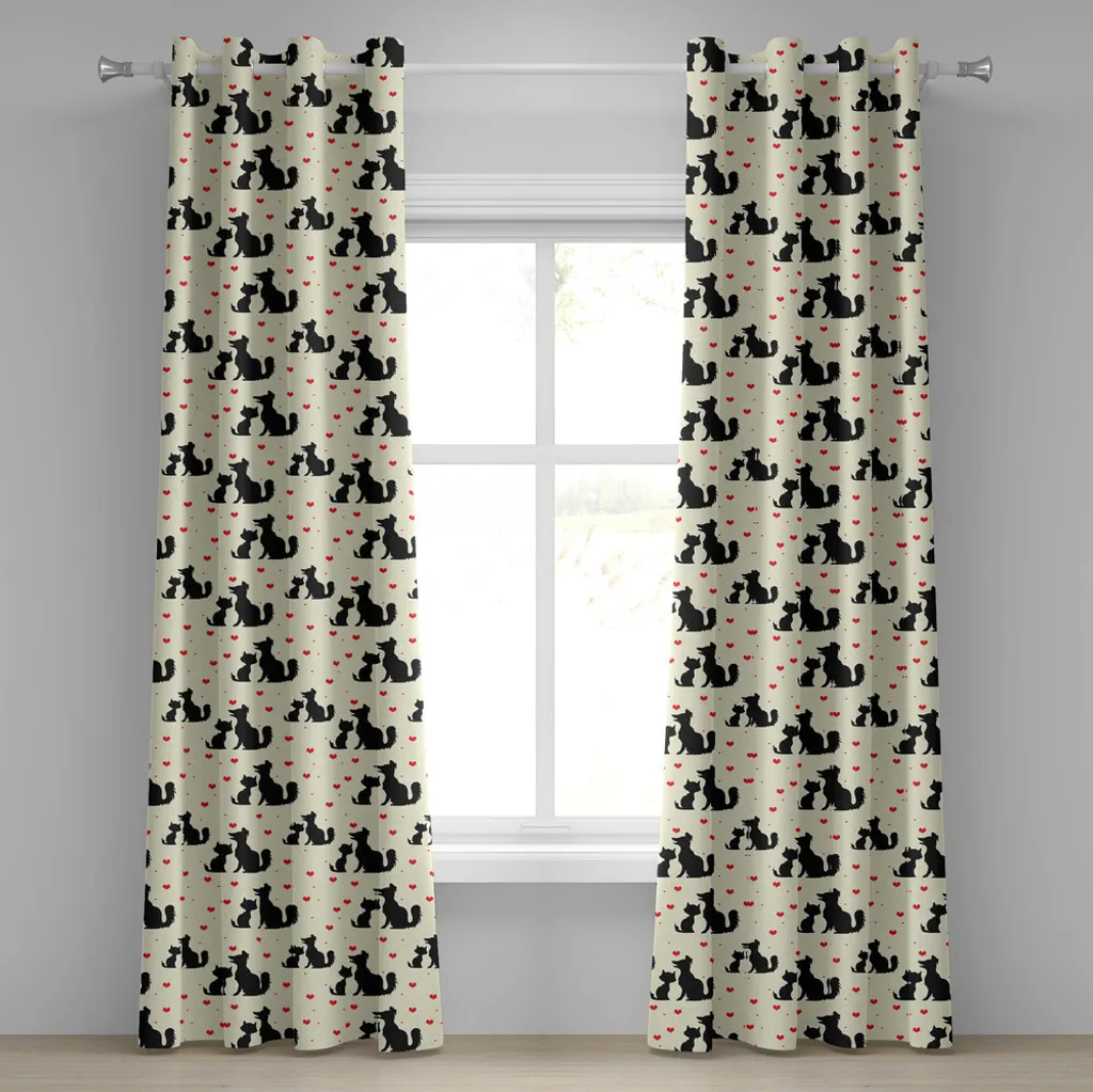 ABAKUHAUS Tenda con occhielli rossa e nera, sagome di cane e gatto neri con cuori rossi Animali domestici Pet Love, tende decorative a 2 pannelli, 280 cm x 245 cm, beige rosso nero
