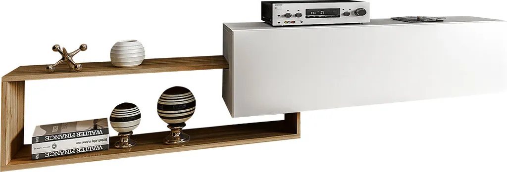 Petit meuble TV ALICIA blanc et bois - Gain de place et rangement salon