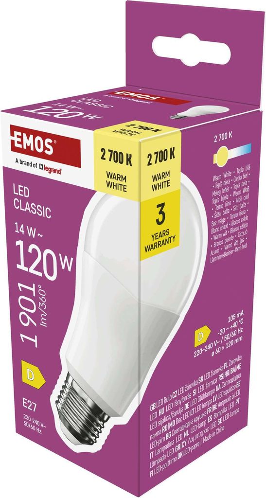 EMOS LED Lampe A60-Birne, 14W Ersatz für 120W Glühbirne, klassiche Birne mit E27 Sockel, Helligkeit 1901 lm, Warmweiß 2700 K, ZQ5D75