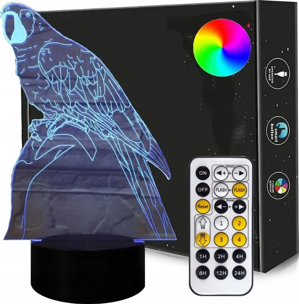 Lampe Perroquet 3D Multicolore LED avec télécommande et câble USB