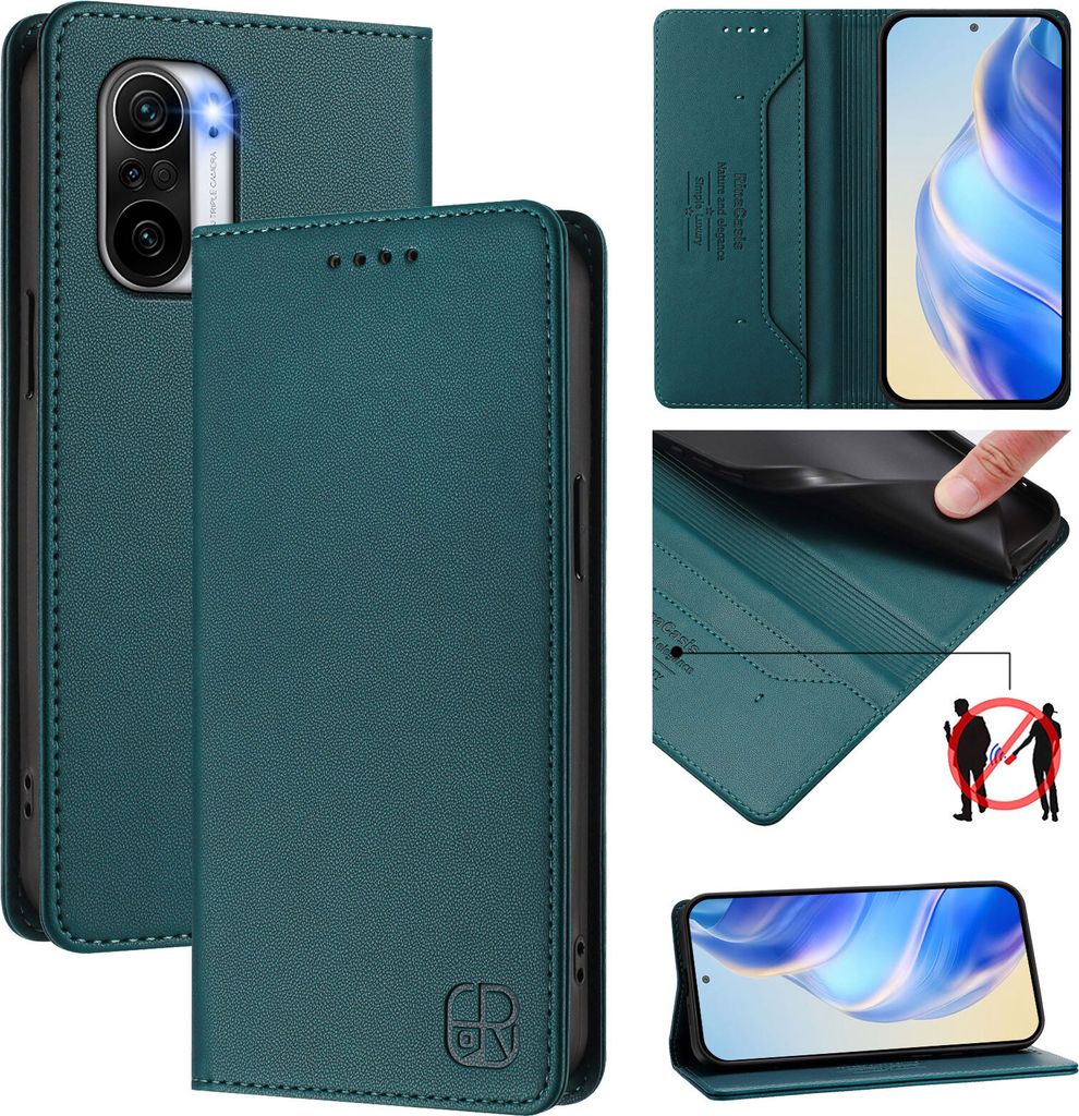 Lederhülle für Xiaomi Poco F3/Redmi K40/K40 Pro Hülle Flip Brieftasche Kartenfächern Ständer Schutzhülle Dunkelgrün