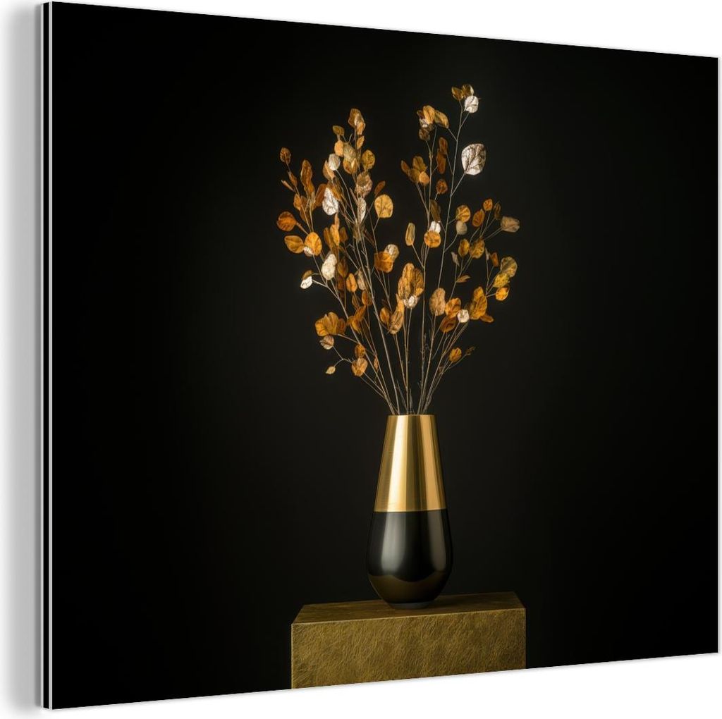 MuchoWow Wanddekoration Metall Metallbild Wandkunst 80x60 cm Goldbraun - Blätter - Vase - Herbstlich MuchoWow Aluminium Gemälde - Alubild