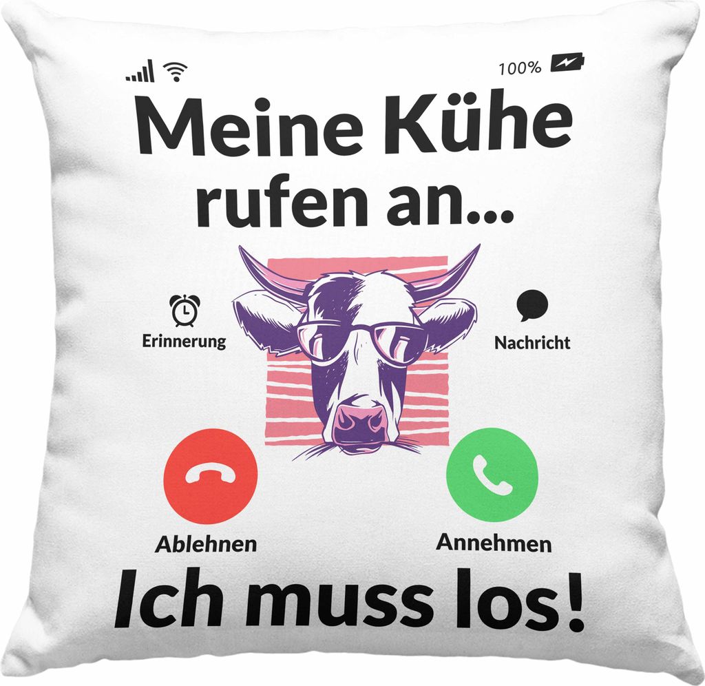 Trendation - Meine Kühe Rufen An Deko-Kissen mit Füllung 40x40 Geschenk Landwirt Bauer Geschenkidee Landwirtin Kuh Grafik (Grün)