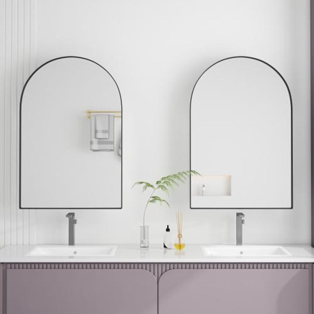 AIORBER Arched Spiegelschrank mit Stauraum, Badezimmerspiegelschrank mit Metallrahmen und verstellbaren Einlegeböden, Wand- oder Einbau, Schwarz