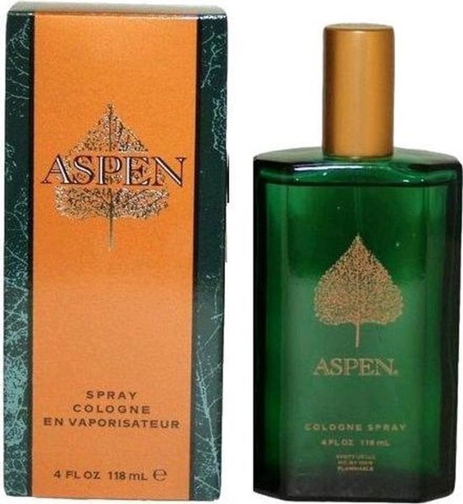A bottle of Aspen cologne and its packaging are displayed side-by-side against a white background.