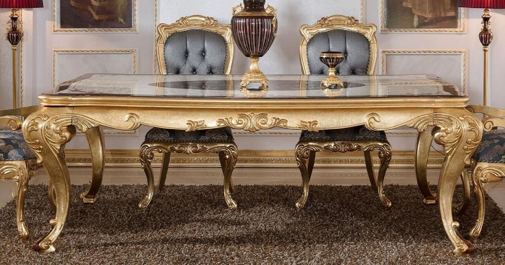 Casa Padrino Luxus Barock Esstisch Weiß / Braun / Gold - Prunkvoller Massivholz Esszimmertisch im Barockstil - Prunkvolle Barock Esszimmer Möbel