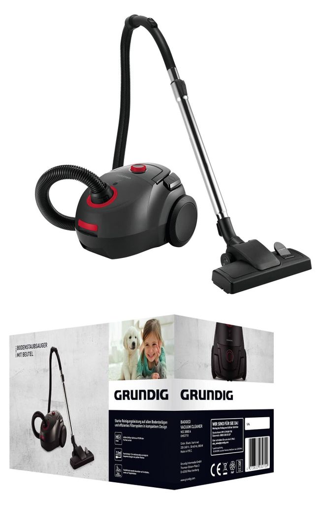 A vacuum cleaner product image with packaging details and lifestyle shots.