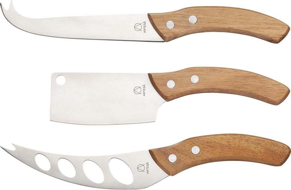 Three cheese knives with wooden handles are displayed against a white background.