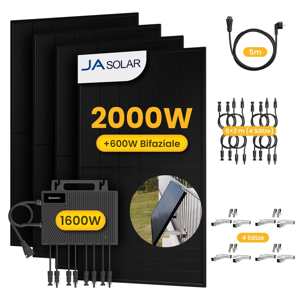 Powerness Balkonkraftwerk, 4x JA Solar 500W Bifazial Glas-Glas Module & Growatt NEO 1600M-X2 Mikro-Wechselrichter, 8x MC4 Kabel, 4x Balkon-Halterung