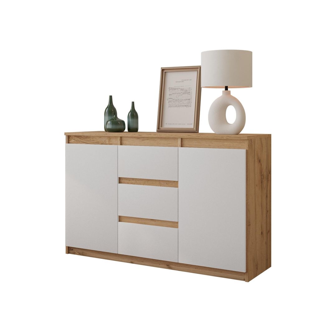 Kommode 120 cm Eiche Wotan / Weiß Matt, 3 Schubladen, 2 Produktbild 