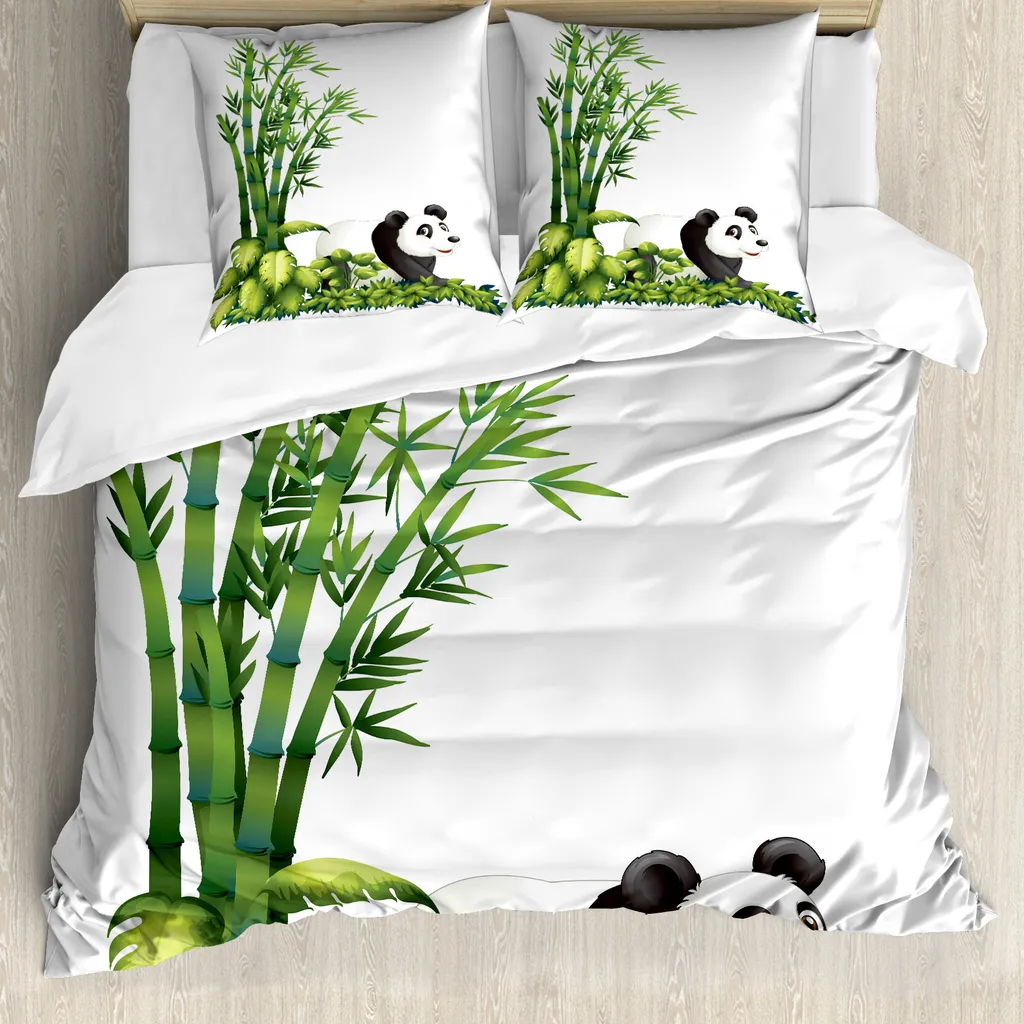 ABAKUHAUS Copripiumino Panda, Orso Panda Bambù, Antiacaro Adatto a chi soffre di allergie con federe, 200 cm x 200 cm - 80 x 80 cm, Verde Nero Bianco