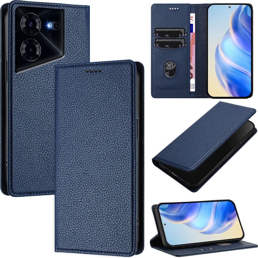 Litchi Leder Handyhülle für Tecno Pova 5 Pro 5G Wallet Kartenfächer Standfunktion Hülle Blau