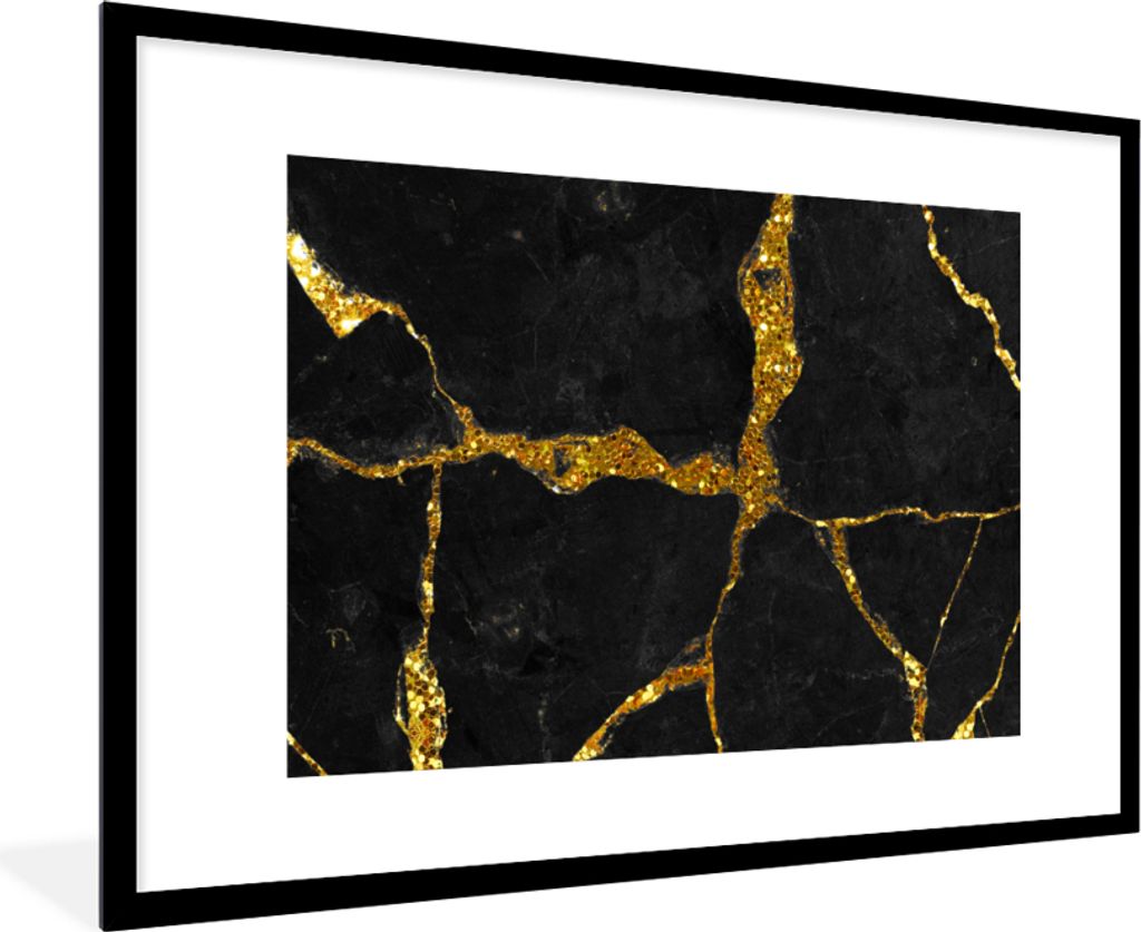 MuchoWow Gerahmtes Poster Marmor - Gold - Schwarz - Marmoroptik - Glitter 90x60 cm - Poster mit Schwarzem Bilderrahmen Wandposter Rahmen Foto Bil...