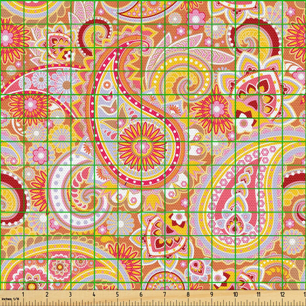 ABAKUHAUS Orange Gewebe als Meterware, Asiatisches Design-Elemente traditionelles Paisley-Blumenmuster wirbelt Blatt-ethnisches Motiv, 3 M (148 x 3...
