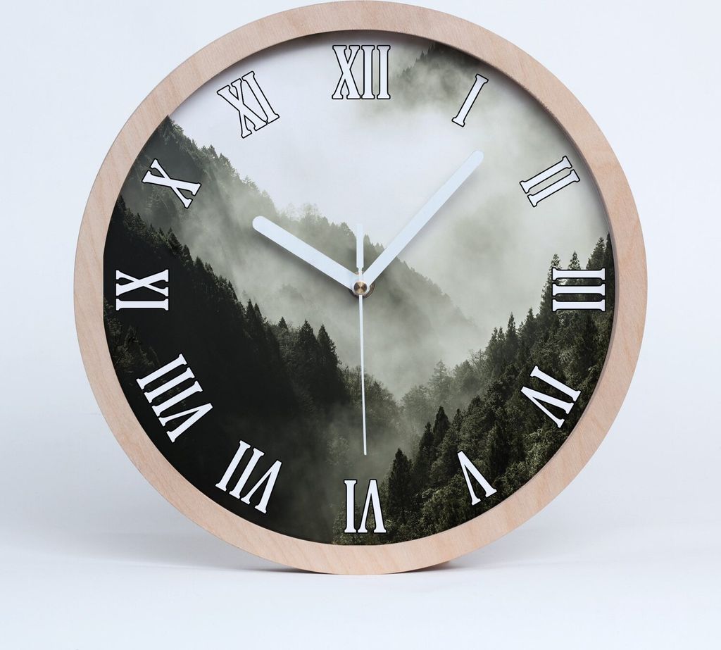Holzuhr 30fi cm wanduhr - weiße Spitzen - Nebel in den Wald über