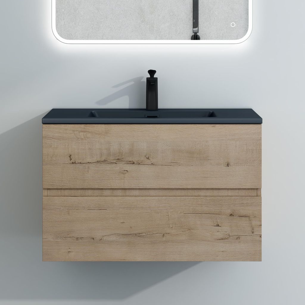 Mai & Mai Badmöbel-Set Waschtisch mit Unterschrank Mineralguss Waschbecken in Anthrazit Waschbeckenunterschrank 80x48x50cm Eiche Greige 2-Schublad...