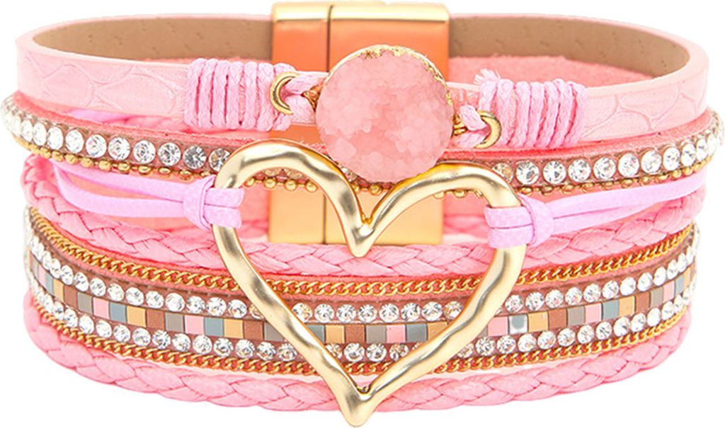 Damenarmband, mehrlagig, Strass, Kunstleder, Bohemian-Stil, geflochtenes Herz, leichter Handgelenkschmuck, Damen-Armreif, Seil