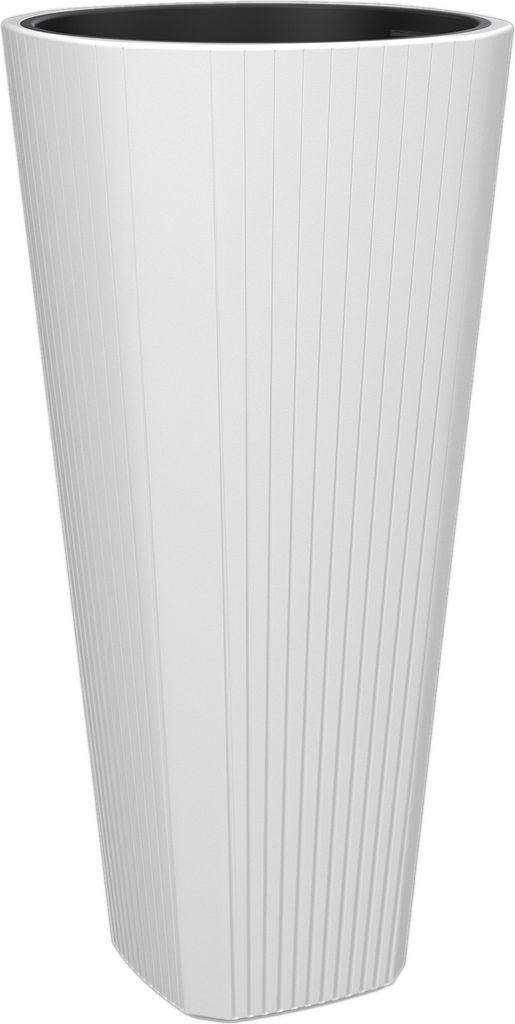 A tall, white, fluted planter pot shown from a slightly low angle against a white background.