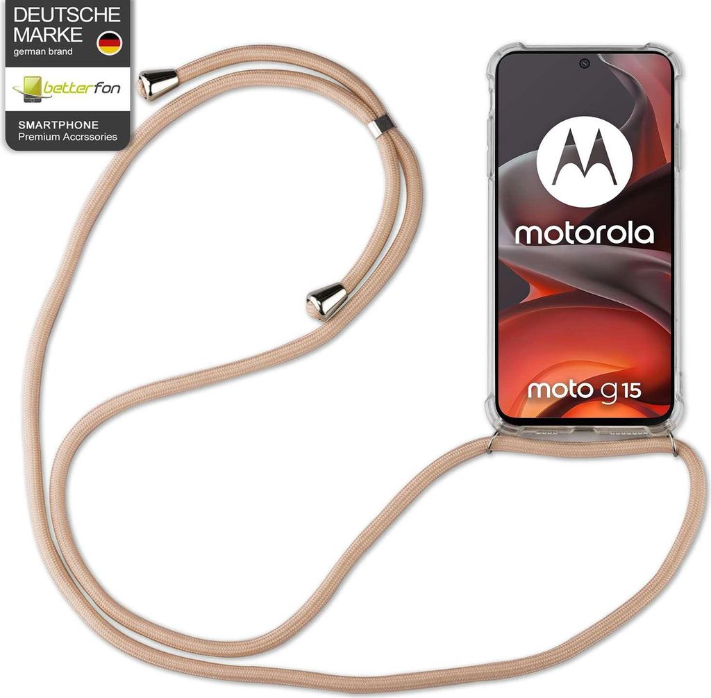 Handykett für Motorola Moto G15 / Moto G15 Power Hülle mit Kordel Handyhülle mit Band in Beige/Braun