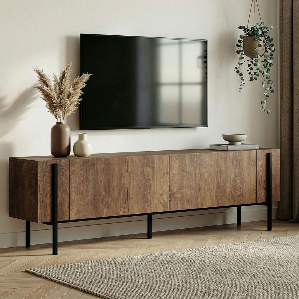 Skye Decor, Hochwertiger TV-Ständer, Kafkas Eiche & Schwarz, 180 x 30 x 45 cm | 100% melaminbeschichtete Spanplatte, 18 mm dick | Metallbeine, mod...