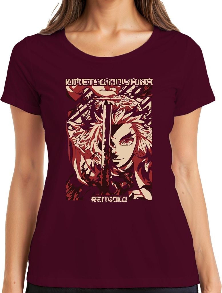 Rengoku Kimetsu no Yaiba Demon Slayer Flammen Schwert Damen T-Shirt, Burgundy, XL