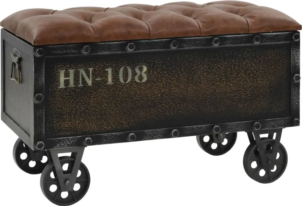Banc coffre de rangement en bois véritable et simili cuir noir