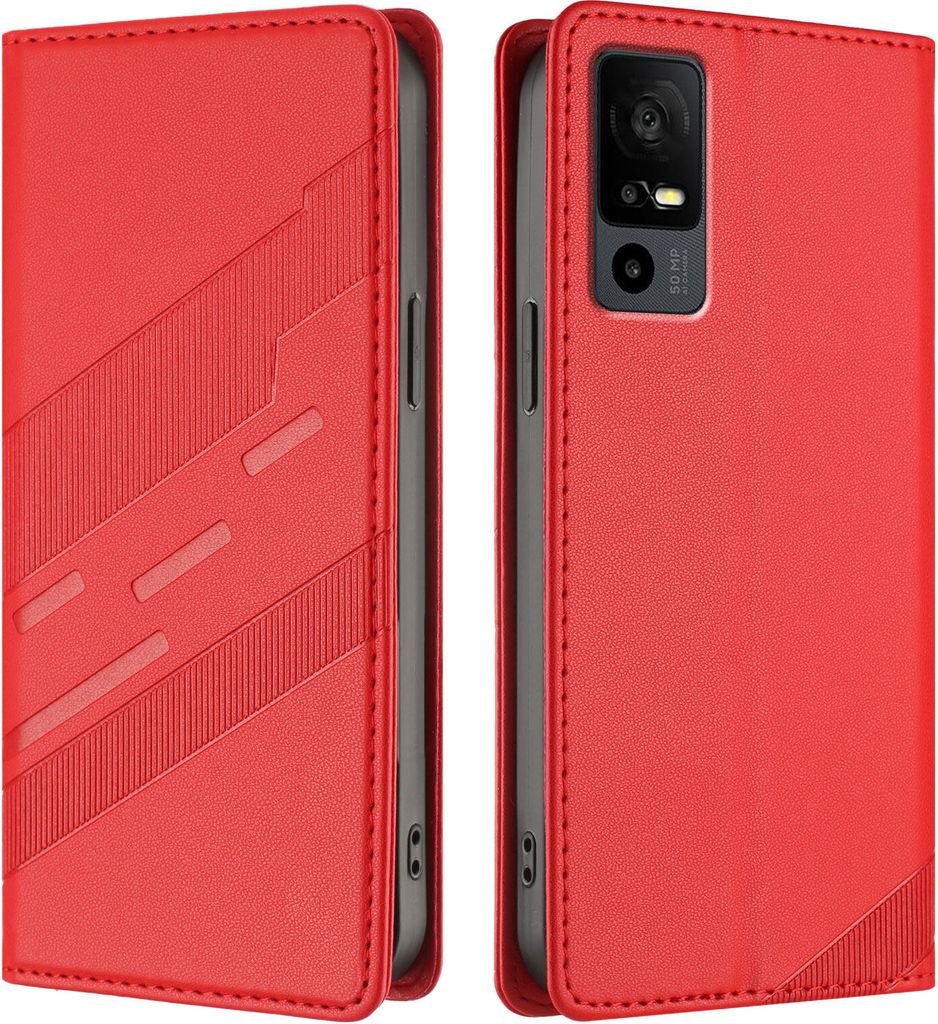 Hülle für TCL 40R, Kunstleder Brieftaschen Handyhülle mit Kartenfach und Standfunktion Rot