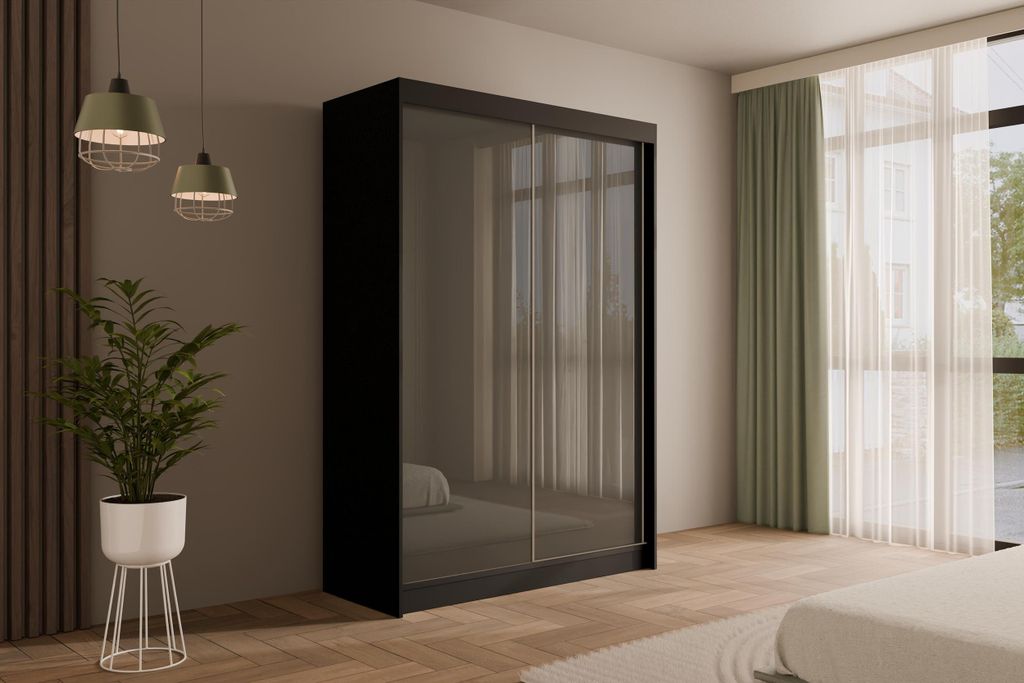 ALTDECOR Kleiderschrank mit Lacobel-Schiebetüren, kugelgelagerte Führungsschienen und Aluminium-Leisten - PEKA - 150 cm Schwarz / Grau