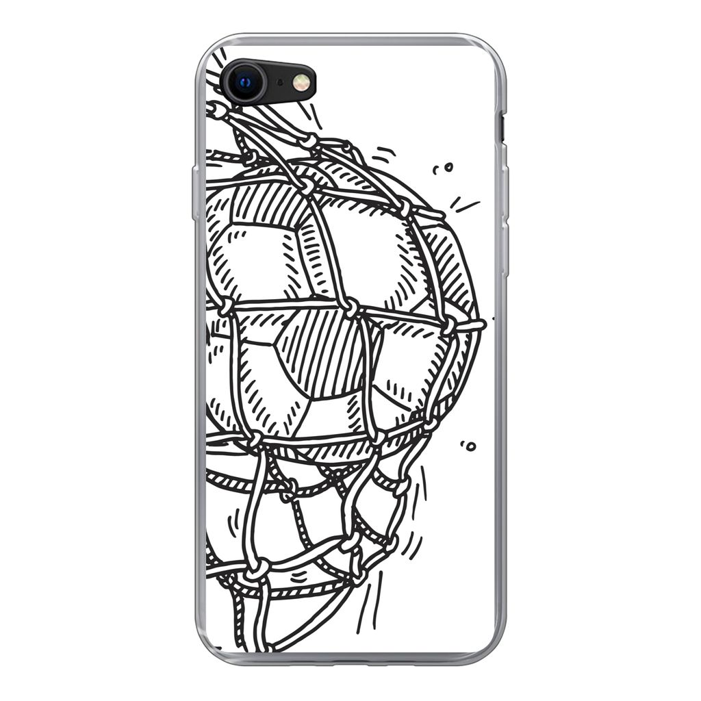 MuchoWow Handyhülle Schutzhülle Hülle für iPhone SE 2022 Eine Illustration eines Fußballschusses ins Tor - Jungen - Mädchen - Kinder Siliko...