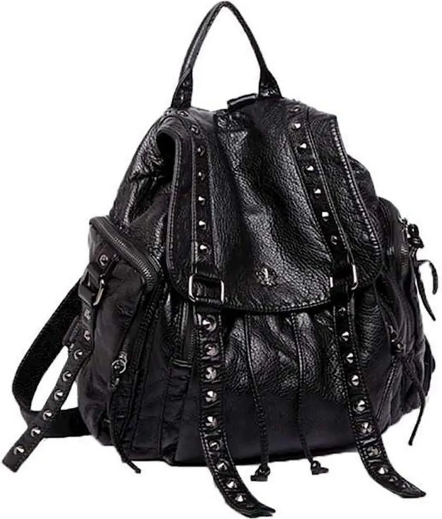Sac à dos noir en cuir PU souple orné de clous métalliques punk rock