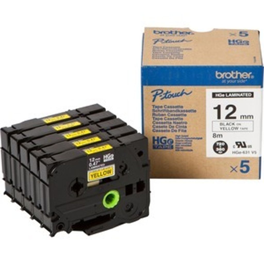 Brother HGE-631V5 - Schwarz auf Gelb - Rolle (1,2 cm x 8 m) 5 Kassette(n) laminiertes Band - für P-Touch PT-9500pc, PT-9700PC, PT-9800PCN