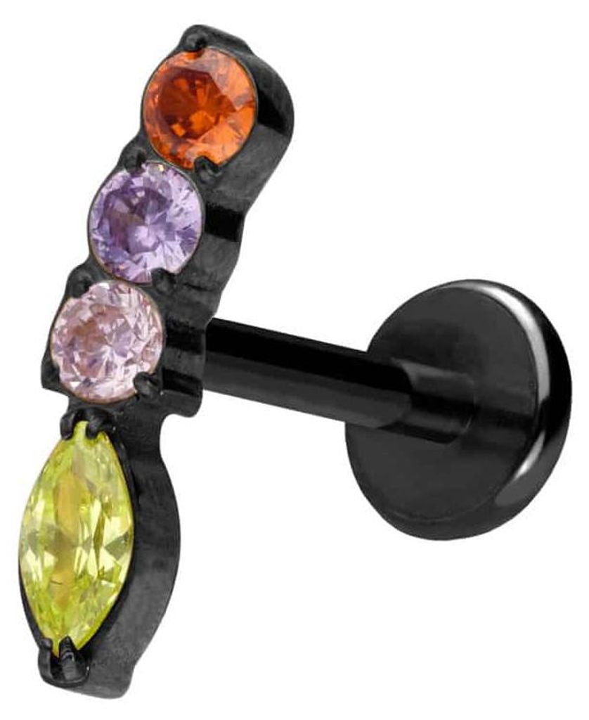 Ohrpiercing, Nasenpiercing Titan Labret mit Push Fit BUNTER KRISTALLBOGEN Schwarz Stablänge: 10mm | Stabstärke: 1mm