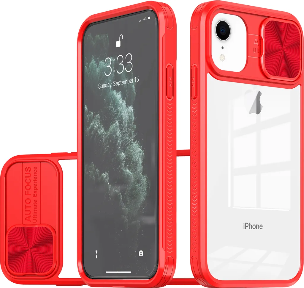 Custodia per iPhone XR Custodia ibrida in TPU trasparente con cover fotocamera scorrevole rossa