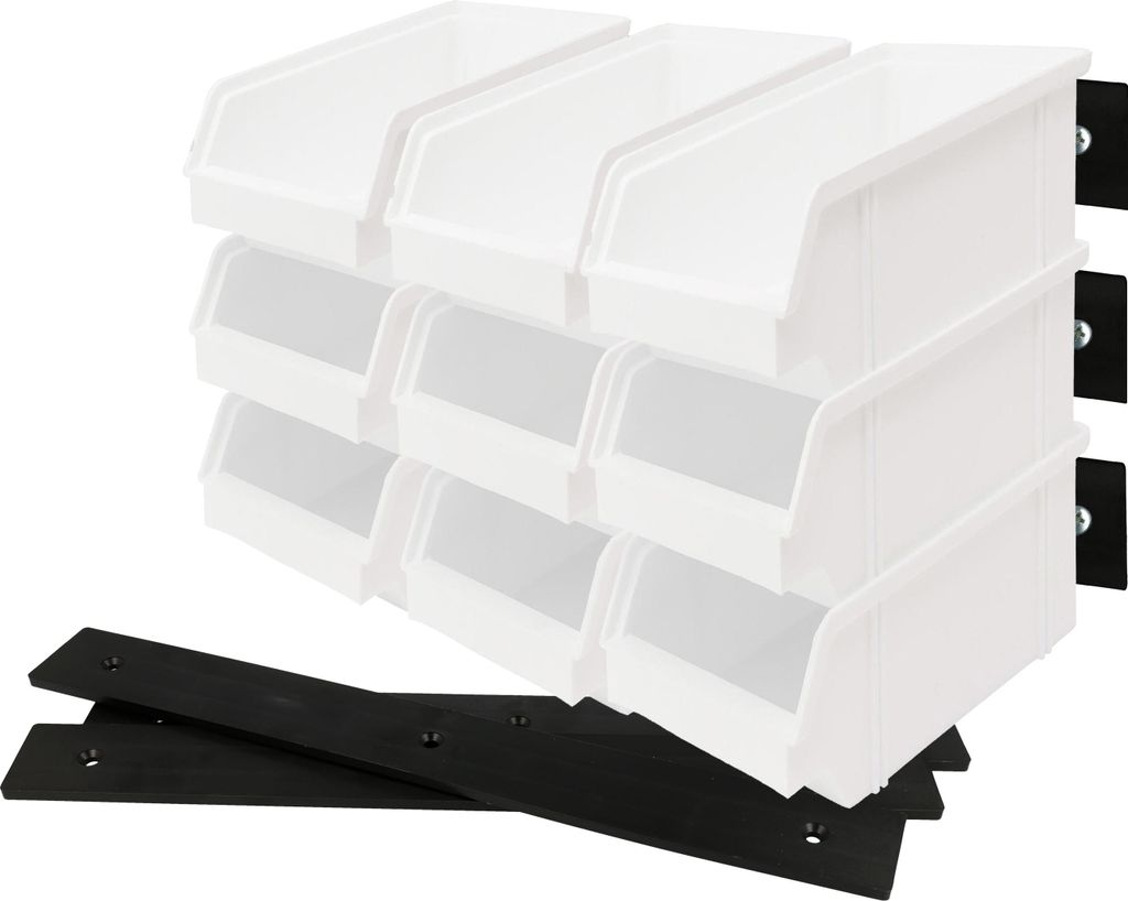 Stapelbox 18 Stück Weiß und 6 Wandleisten Sichtlagerkästen Aufbewahrungsboxen Material Kunstsoff Maße 150x100x60 mm