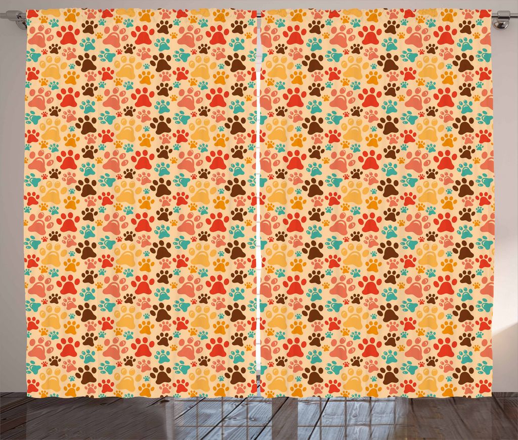 ABAKUHAUS Hundeliebhaber Rustikaler Gardine, Bunte Tatzen-Druck, Schlafzimmer Kräuselband Vorhang mit Schlaufen und Haken, 280 x 175 cm, Mehrfarbig