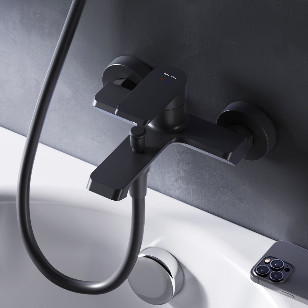 Badewannenarmatur Wannenarmatur Wasserhahn Bad Wannenbatterie Einhebelmischer Bad Einhebel Mischbatterie Badarmatur AM.PM Flash FNA10022, Schwarz