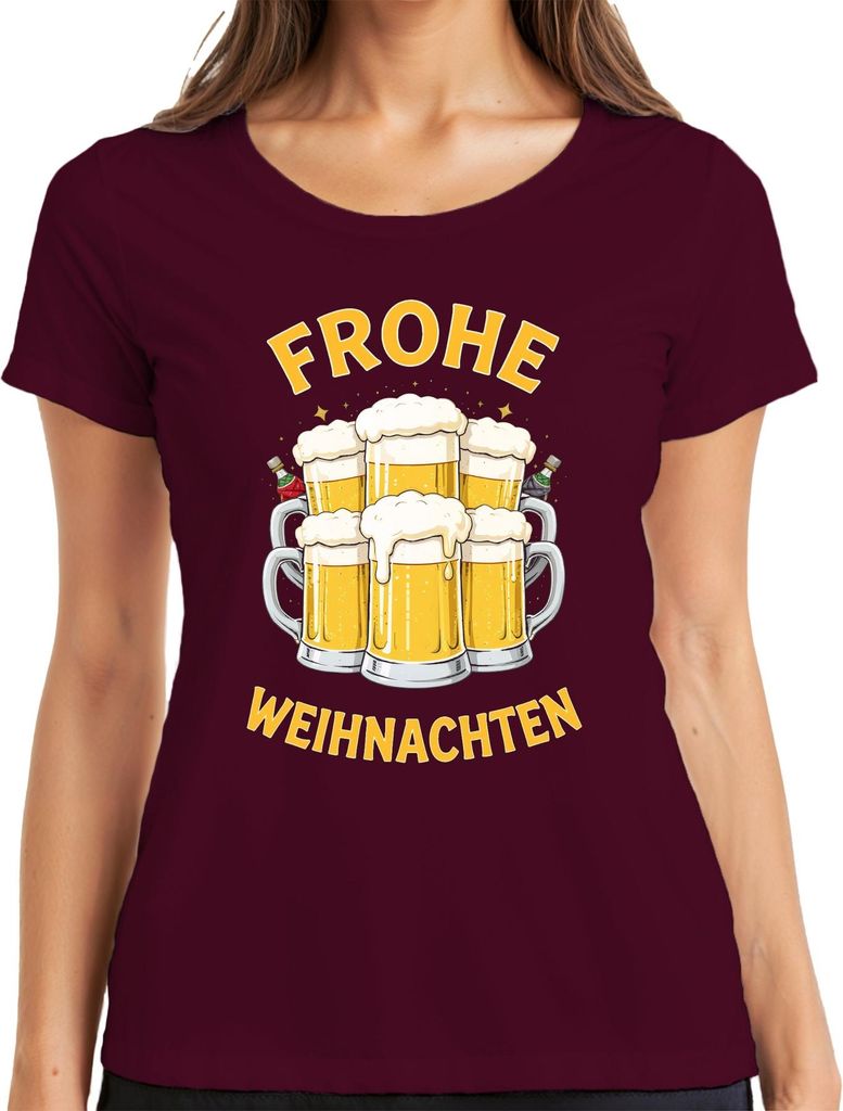 FROHE WEIHNACHTEN Weihnachtsbier Bierkrug Bierliebhaber Geschenk Damen T-Shirt, Burgundy, XXL