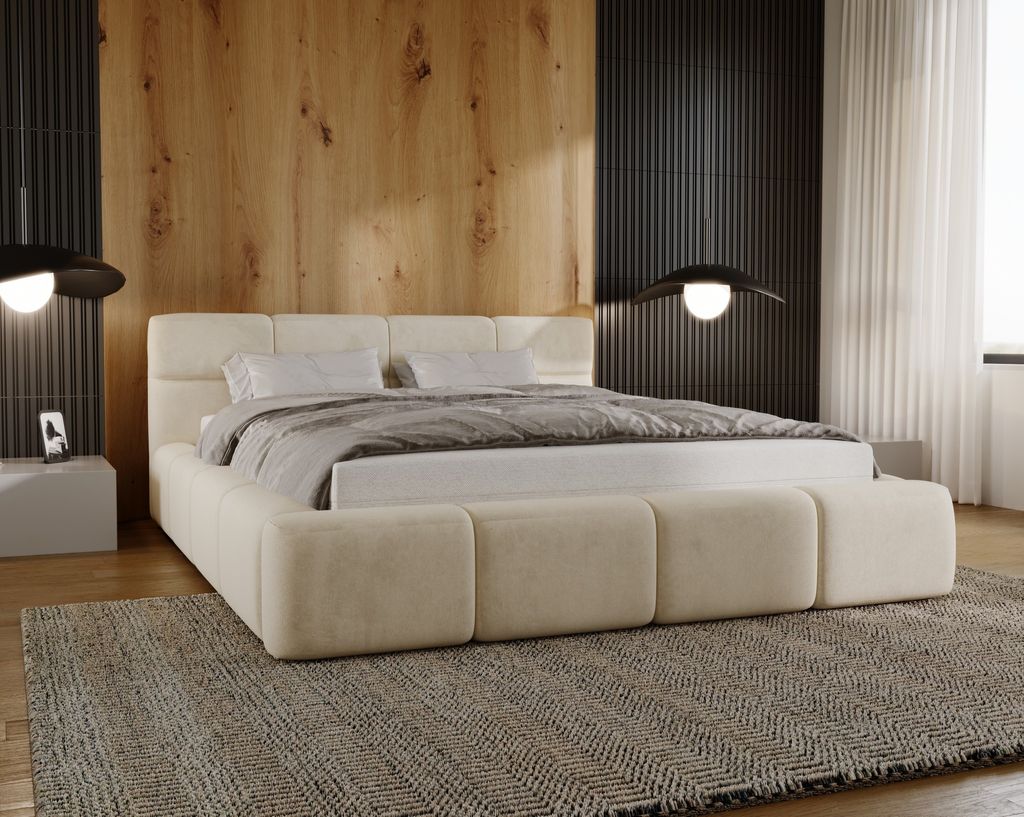 Polsterbett 160x200 cm Oslo, Schlafzimmerbett mit Bettkasten - Doppelbett, Samtstoff Beige (Magic Velvet 2201)