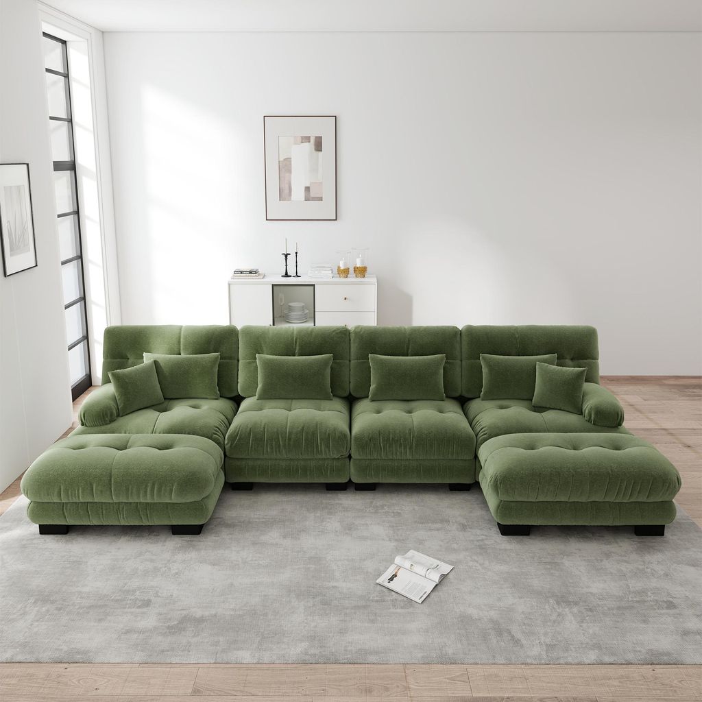 MODFU 4-Sitzer Polstersofa mit mit 2 Lendenkissen und 2 Dekokissen,U-förmiges Sofa,Loungesofa Chenille,mit 2 Ottoman,Modulares Sofa,Grün
