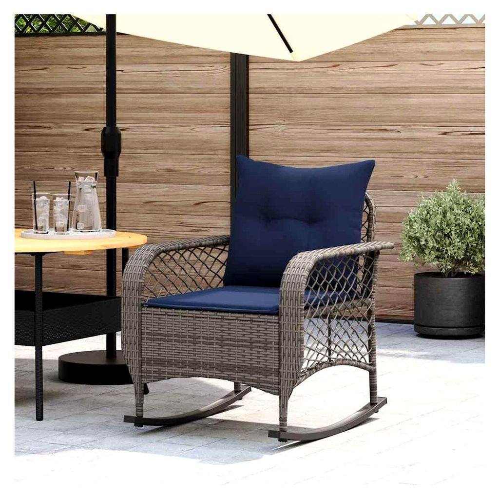 Garten-Schaukelstuhl mit Kissen Grau, Poly Rattan, Schaukelsessel für den Außenbereich, Relaxsessel für Garten und Balkon, 67 x 75 x 75 cm