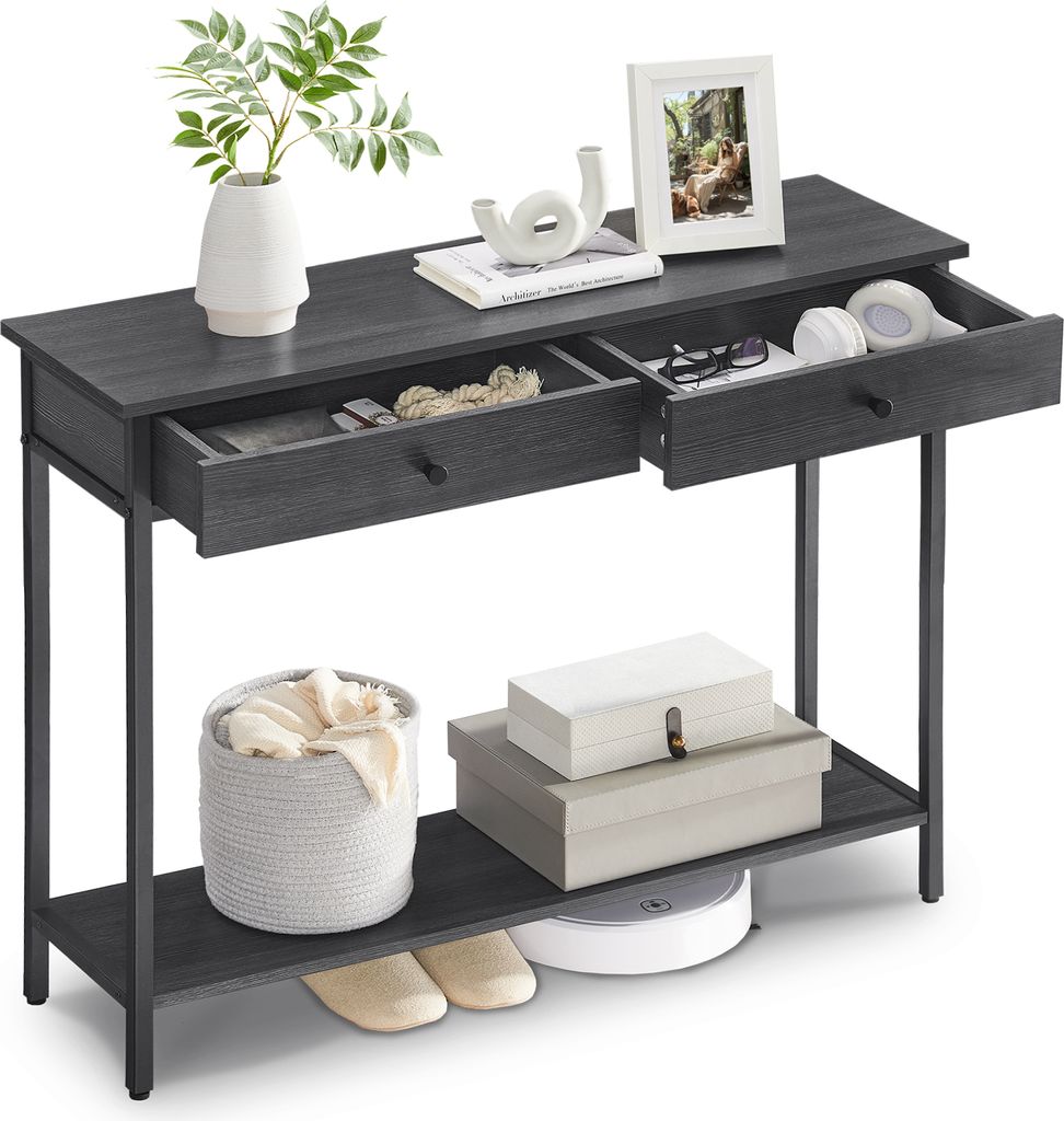 A dark gray console table with two drawers, a lower shelf, and decorative items.