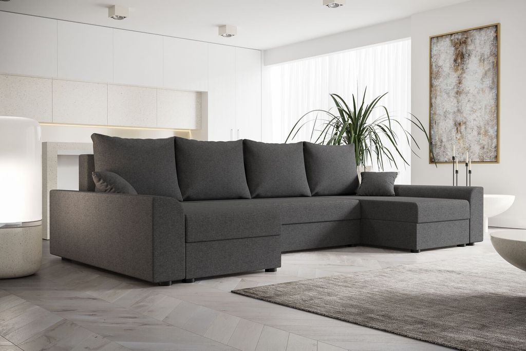 A modern living room with a large U-shaped sofa.