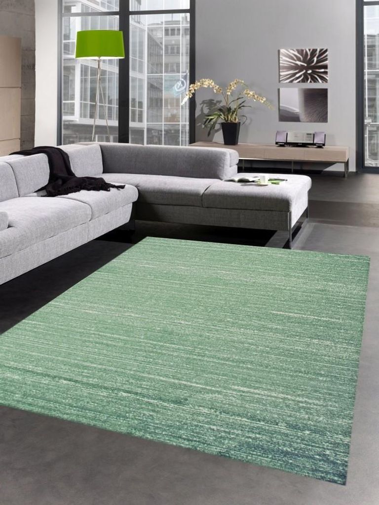 Moderner Teppich Wohnzimmerteppich Kurzflor uni grün meliert Größe - 80 x 300 cm