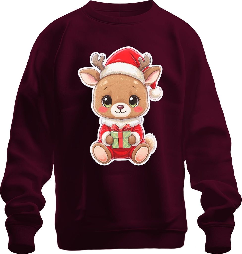 Süßes Rentier Weihnachten Geschenk Kinder Kawaii Niedlich Cartoon Uni Sweatshirt Pullover, Burgundy, L